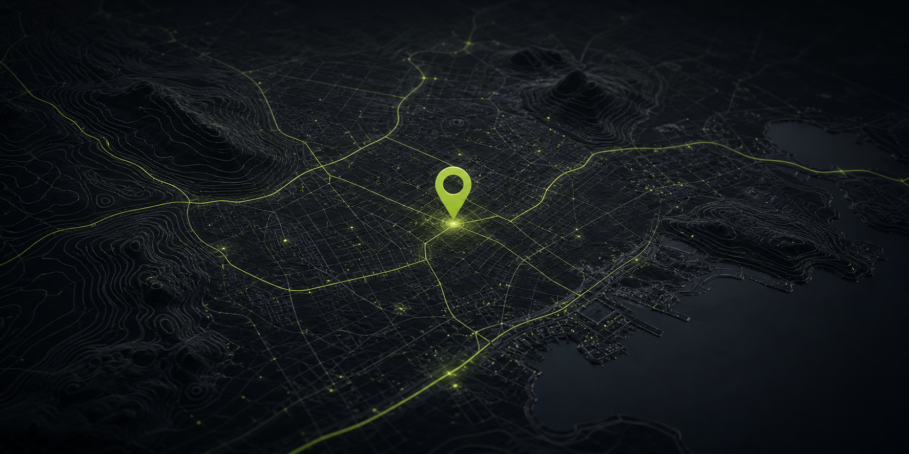 Stylized dark map with a glowing location pin