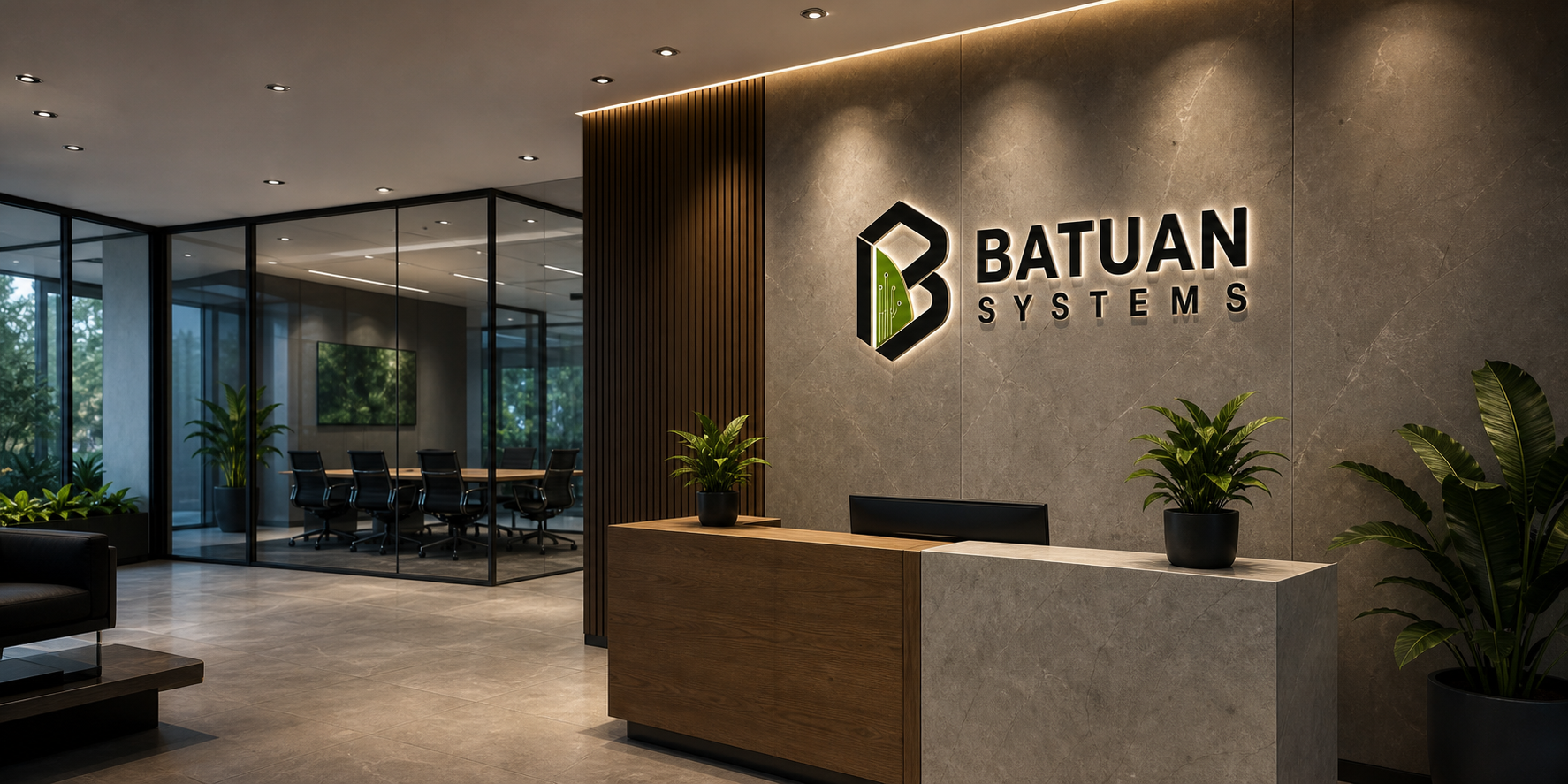 Modern office lobby with Batuan Systems logo
